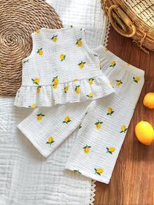Vintaside Kids Baby Girls Lemon Print Chiffon Ruffle Hem Camisole + Print Pants 2-Piece Set, Suitable For Casual Wear, Outings And Vacations, Spring/Summer - White - View 2