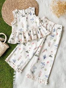 Vintaside Kids 女童无袖碎花上衣和裤子套装，甜美清新风格，适合日常外出、休闲聚会、度假等场合。 - 彩色 - 查看 4