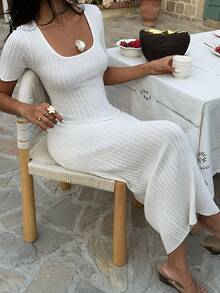 Selianne 女士优雅修身镂空纹理短袖针织连衣裙，春夏款 - 白色 - 查看 4