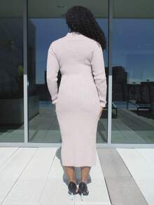 Steph T Mock Neck Ribbed Knit Sweater Dress In Fall/Winter - Khaki - View 2