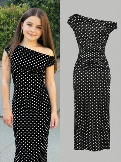 SHEIN Tween Girl Vintage French Minimalist Black & White Polka Dot Casual Elegant Asymmetrical Shoulder Pleated Waist Bodycon Maxi Knit Dress, Suitable For Party, Back To School Outfit, Gathering, Outdoor Wear