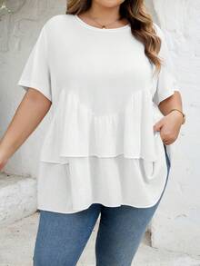 SHEIN CURVE+ Curve 尺码 US22 音乐节、海滨度假、波西米亚风 CURVE PLUS / / 女士白色拼接娃娃衬衫 T 恤 - 白色 - 查看 7