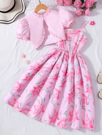 Tween-Mädchen Outfit Set mit Blume Muster Rüschen-Trägerkleid und einfarbiger Kragen Puffärmel Bluse, modisch für Partys und Feiertage