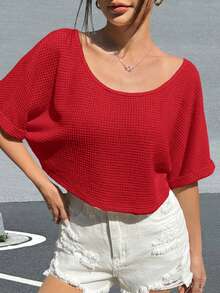 Muchica 斜肩纯色华夫格短袖宽松时尚T恤，夏季 - 紅色 - 查看 5