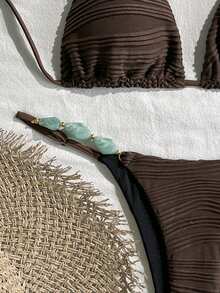 Swim Vcay Bộ đồ bơi hai mảnh dành cho nữ, gồm áo và quần bơi dệt kim jacquard màu trơn, kiểu cổ yếm, thích hợp cho kỳ nghỉ biển, mùa xuân/hè. - Cà phê nâu - Xem 6