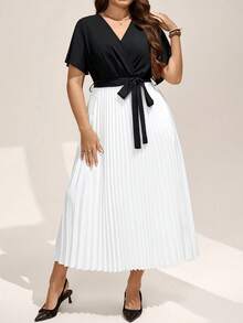 SHEIN LUNE SHEINLUNE 大码女式彩虹褶皱V领灯笼袖系腰连衣裙 毕业礼服 婚礼宾客礼服 女士度假装 女士沙滩装 节日连衣裙 生日礼服 女士骄傲日礼服 - 黑與白 - 查看 7