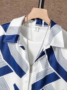 SHEIN Vacaura 男童几何线条印花短袖衬衫和裤子两件套，休闲通勤装 - 藏蓝色 - 查看 6