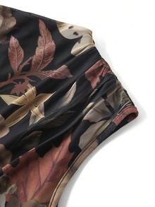 Ellevyn Women's Elegant Maple Leaf & Butterfly Print Ruched Waist Fitted Mid-Length Dress, Suitable For Various Occasions, Graceful Summer Holiday Attire - Multicolor - View 7