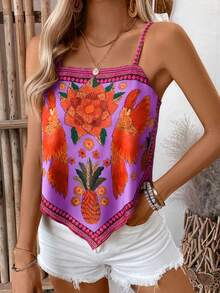 Selianne 女士休闲宽松花卉植物印花吊带背心 - 粉色 - 查看 5