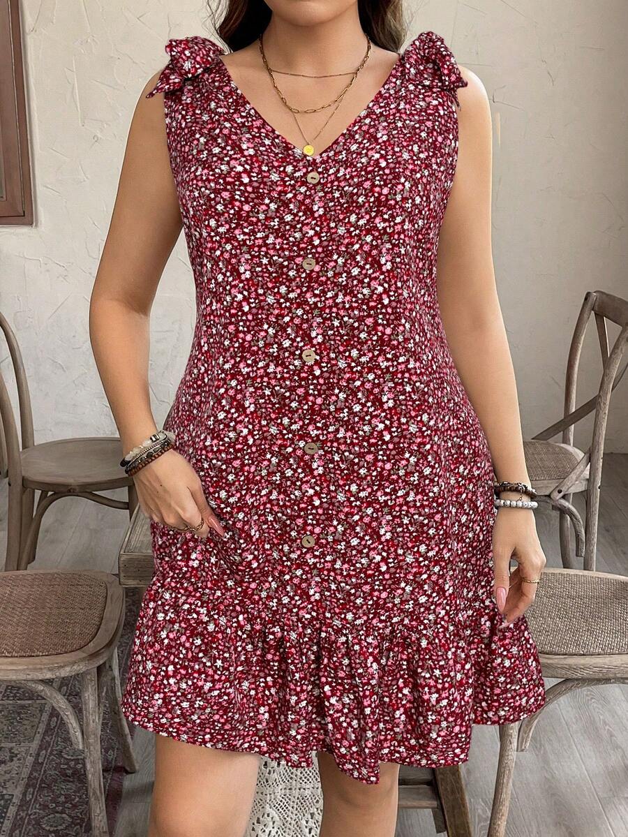 SHEIN LUNE 大码女式碎花打结露肩休闲夏季连衣裙 波西米亚风夏季装扮 复古波西米亚风夏季穿搭 春假狂欢派对穿搭 春假穿搭 - 彩色 - 查看 1