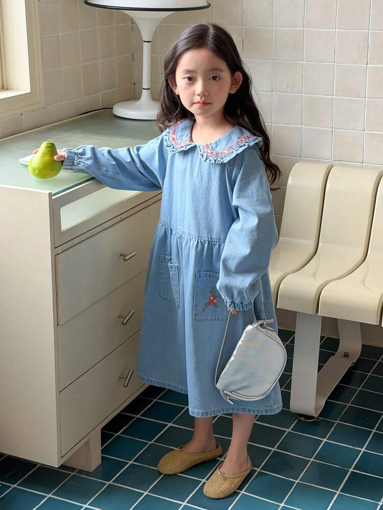 Young Girl' Doll Collar Floral Embroidery Korean Style Washed Denim Dress