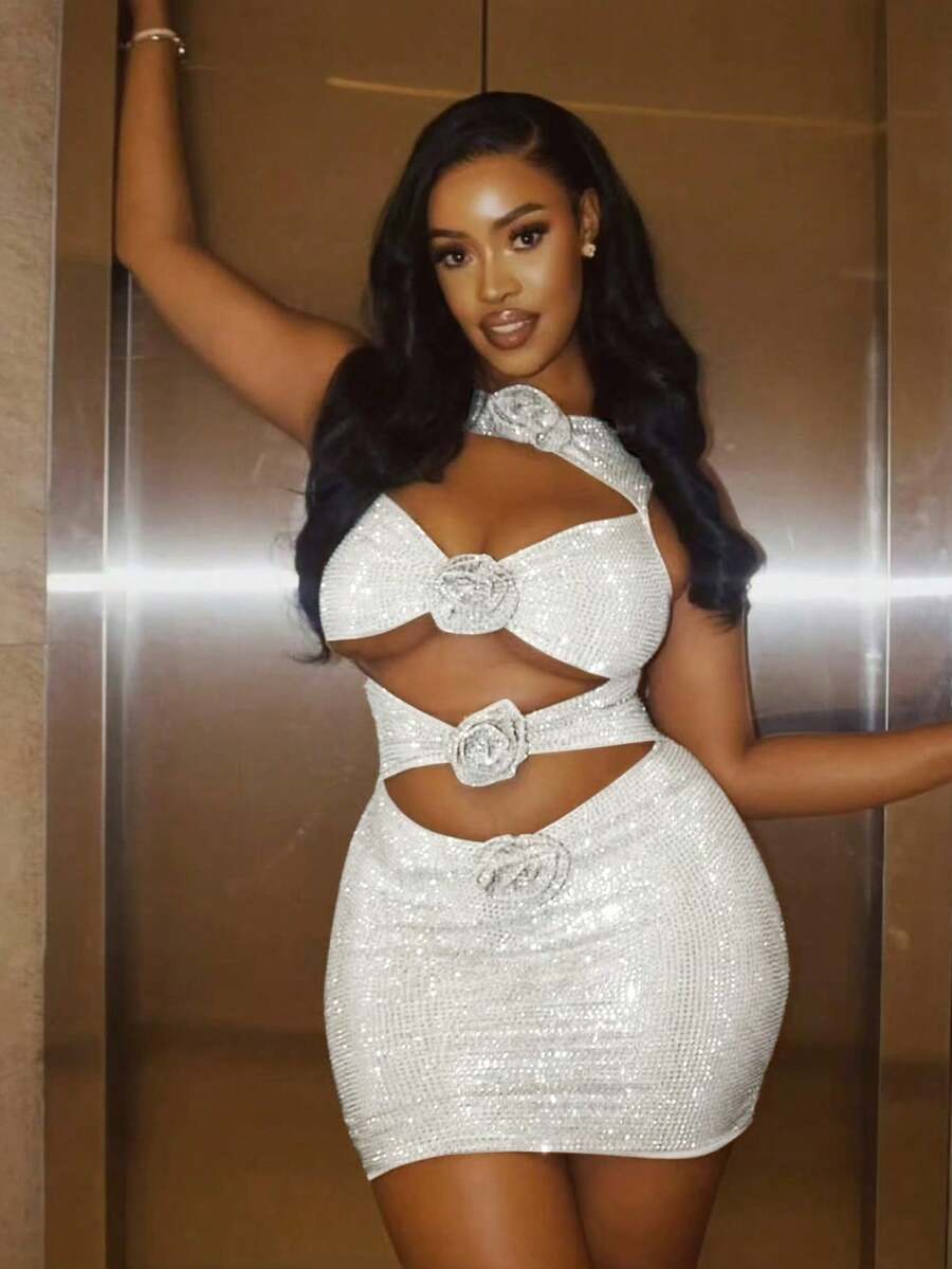 Glyssa 女士性感镂空紧身迷你连衣裙，玫瑰亮片拼接扭结细节，优雅春季时尚系列，白色 - 白色 - 查看 1