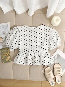 SHEIN Tween Girl Spring/Summer Fashionable Leopard Print Colorblock Bow Decor Ruffle Long Sleeve Blouse, Casual Vacation Tween Girl - White - View 2