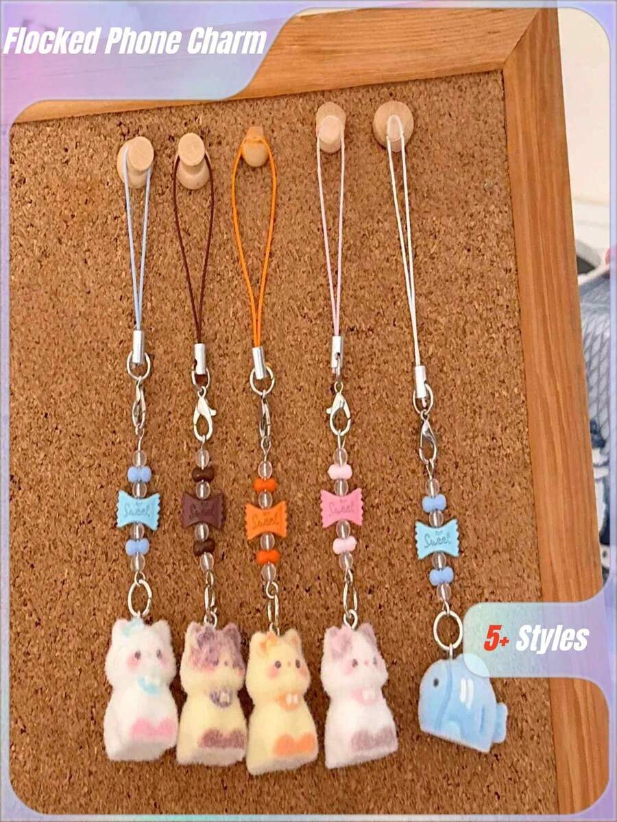 1pc Kawaii 3D Flocked Cat Charm | Girly Phone Strap & Keyring For BFFs - Multicolor - View 1