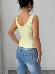 Rafferiza Débardeur élégant, délicat et sexy pour sortie en extérieur, en tricot texturé avec patchwork en dentelle, de couleur jaune clair, pour le printemps/été - Jaune citron - Voir 2