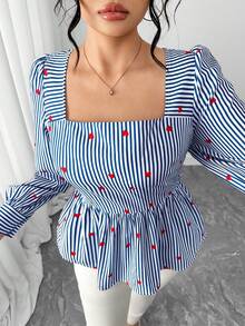 SHEIN Elenzya Plus Size Women's Square Collar Blue & White Striped Red Heart Print Waist Cinched A-Line Long Sleeve Shirt,Elegant Autumn Everyday Commuting Style - Blue - View 6