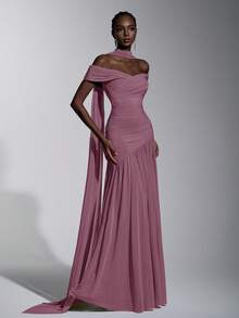 Elitara Elegant Pink Minimalist Off-Shoulder Ruched Asymmetric A-Line High Slit Dress, Suitable For Weddings, Formal Events, Galas, And Cocktail Parties - Dusty Pink - View 6