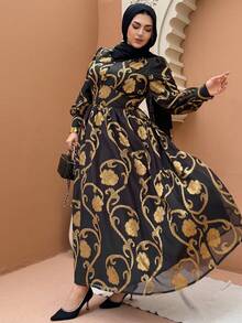 Dazy Plus 刺绣亮色花卉雪纺灯笼袖收腰派对连衣裙，大码，春夏长款连衣裙 - 黑色 - 查看 6