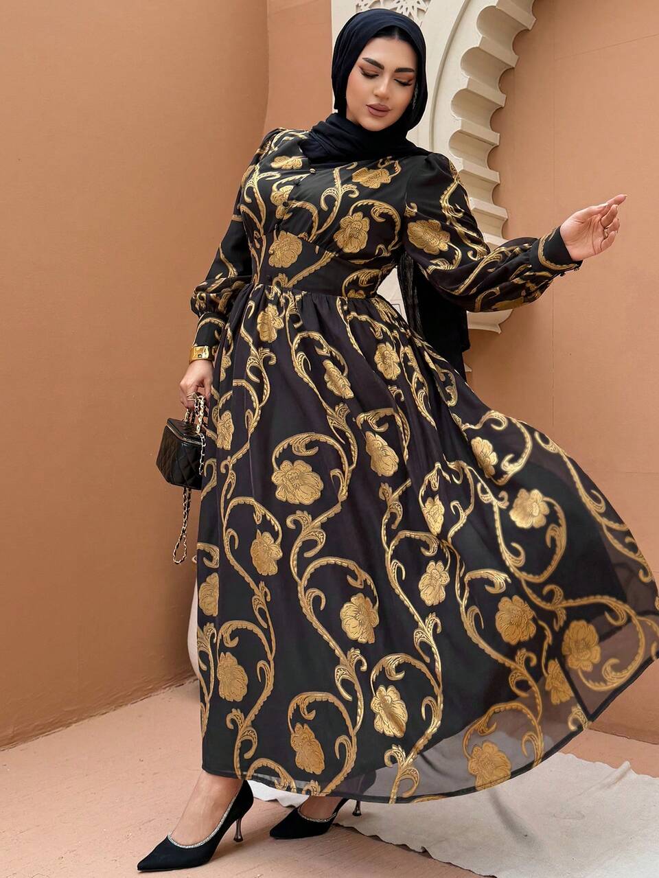 Dazy Plus Embroidered Bright Color Floral Chiffon Lantern Sleeve Waist Cinched Party Dress, Plus Size, Spring/Summer Maxi Dress Sundress
