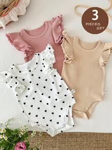 LMoss Kids 3件套女婴可爱爱心印花荷叶袖连体衣套装 - 彩色 - 查看 5