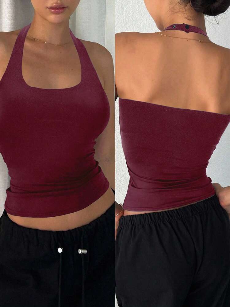 Women's Slim Fit Backless Sleeveless Cropped Tank Top, Minimalist Summer Crop Tops Women