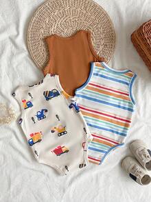 Cozy Pixies 3pcs/Set Baby Boy/Girl Cute Cartoon & Striped Pattern Knitted Rompers, Summer - Multicolor - View 4