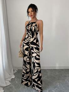 Elenzga 女士印花面料收腰连体裤，优雅百搭，适合度假和日常穿着 - 彩色 - 查看 4