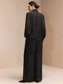 Arave 女士珍珠雪纺常规肩部收腰立领飘逸泡泡袖高腰褶裥直筒裤套装，优雅约会装扮 - 黑色 - 查看 3