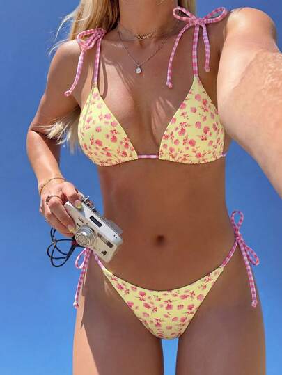 Swim Mod Women's Beach Music Festival Floral Plaid Print Adorable Knot Spaghetti Strap Thong Bikini