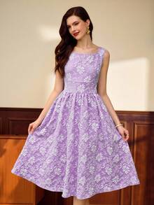 Vintamour Vintage Damen Kleid mit quadratischem Ausschnitt und ohne Ärmel, weiß und blau mit Blumenmuster, Sommer, elegant, Hochzeitsgast Geburtstag Outfit, Old Money Stil Kirche Kleid mit Taschen - Mauve - Übersicht 3
