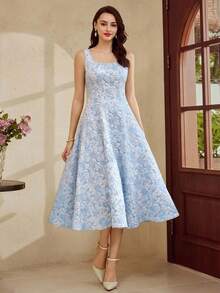 Vintamour Abito vintage elegante da donna in jacquard floreale, abito casual da lavoro, abiti estivi da donna, abiti da sera da donna, abiti primaverili da donna, abito di Pasqua da donna, abiti da vacanza da donna, abiti primaverili da donna, abito da ospite di matrimonio da donna, abiti estivi da donna, abiti formali da donna, abiti estivi da donna, abiti eleganti da compleanno da donna, abiti da sole da donna, abito da laurea, abito primaverile - celeste - Visualizzare 7