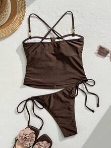 Swim Chiccia Drawstring Side Bikini Swimsuit - Brown - View 2