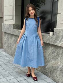 Firerie Kids 少女撞色蝴蝶结腰带连衣裙，休闲优雅时尚百搭，适合日常穿着、典礼、派对等场合，新款女童连衣裙 - 淺藍色 - 查看 3