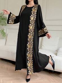 DAZY Women's Elegant Sleeveless Dress With Contrast Lace Patchwork Robe, 2-Piece Set, Spring/Summer - Black - View 6