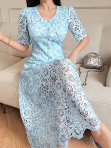 DAZY Women's Elegant Floral Lace Round Neck Pocket Shirt & Skirt 2 Pieces Set, Summer - Blue - View 5
