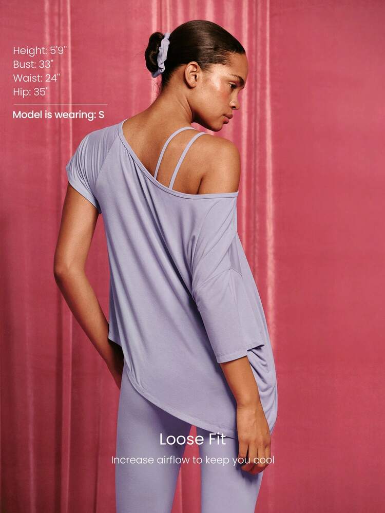 Modal Silky Smooth Asymmetrical Hem Off-Shoulder 3/4 Sleeve Active Tee T-Shirt Daily Casual Wear