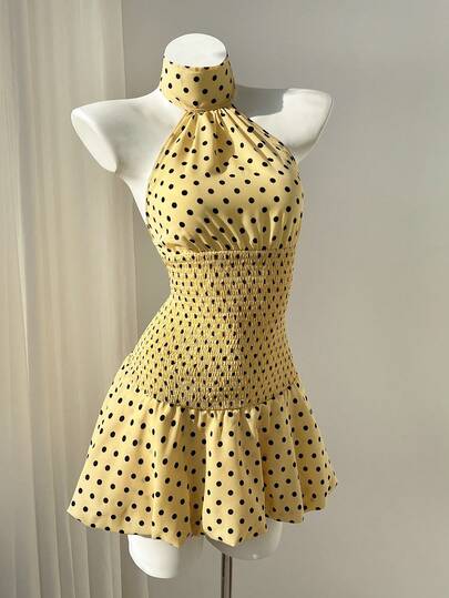 Elamini Black & White Polka Dot Halter Neck Waist Back Cutout Ruffle Hem Splice Mini Dress, Elegant Romantic Casual Vacation Beach Party