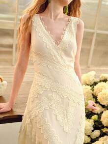 MOTF PREMIUM WOMEN'S LACE WAIST RUFFLE HEM DRESS, SPRING/SUMMER - Apricot - View 2