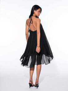 SHEIN ICON 女士纯色高低摆时尚吊带迷你连衣裙 - 黑色 - 查看 2