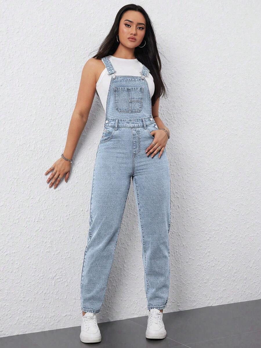 Flexra Women's Solid Color Pocket Casual Versatile Sleeveless Denim Jumpsuit - Light Wash - View 1