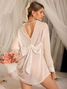 女士蕾丝蝴蝶网纱睡裙，浪漫 - 白色 - 查看 2