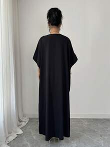 Elenzga 女士V领荷叶边宽松休闲连衣裙 - 黑色 - 查看 2