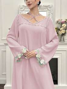 Yasmyna New Design Ruffled Collar Criss-Cross Romantic Elegant Vacation Dress - Dusty Pink - View 3