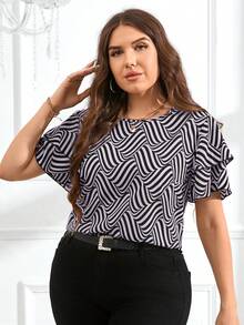 SHEIN Clasi Blusa de talla grande con cuello redondo, mangas de doble capa y estampado de rayas - Lila Púrpura - Ver 5