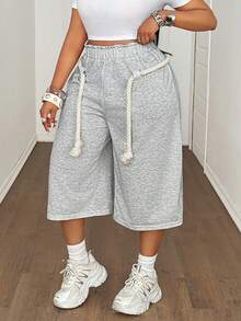 Plus Size Women's Summer Casual Loose Rope Shorts, Suitable For Daily, Party, And Vacation Wear - Grey - View 6