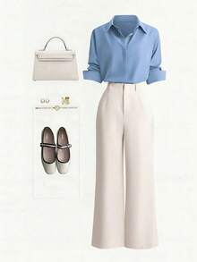 Franclia New Front Button Long Sleeve Shirt And Casual Wide Leg Pants For Commuting - Baby Blue - View 1