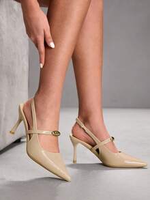 CUCCOO SZL Women's Strap Open Back High Heel Glossy Sandals - Apricot - View 10