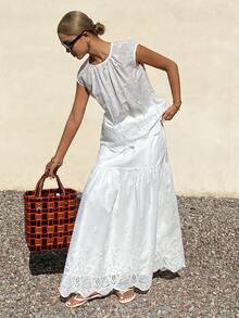 Livesso 夏季度假套装 圆领镂空蕾丝两件套，白色 - 白色 - 查看 4