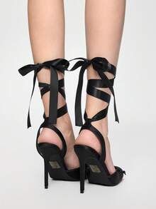 ROMWE Goth Spring New Elegant And Fashionable Ladies High-Heeled Square Toe Ankle Strap Satin Bow Ballet Toe Cap Black Bottom Sandals - Black - View 6