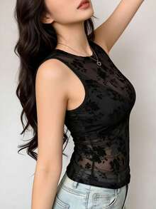 DAZY Women's Slim Fit Sheer Lace Crew Neck Pullover Top - Black - View 3